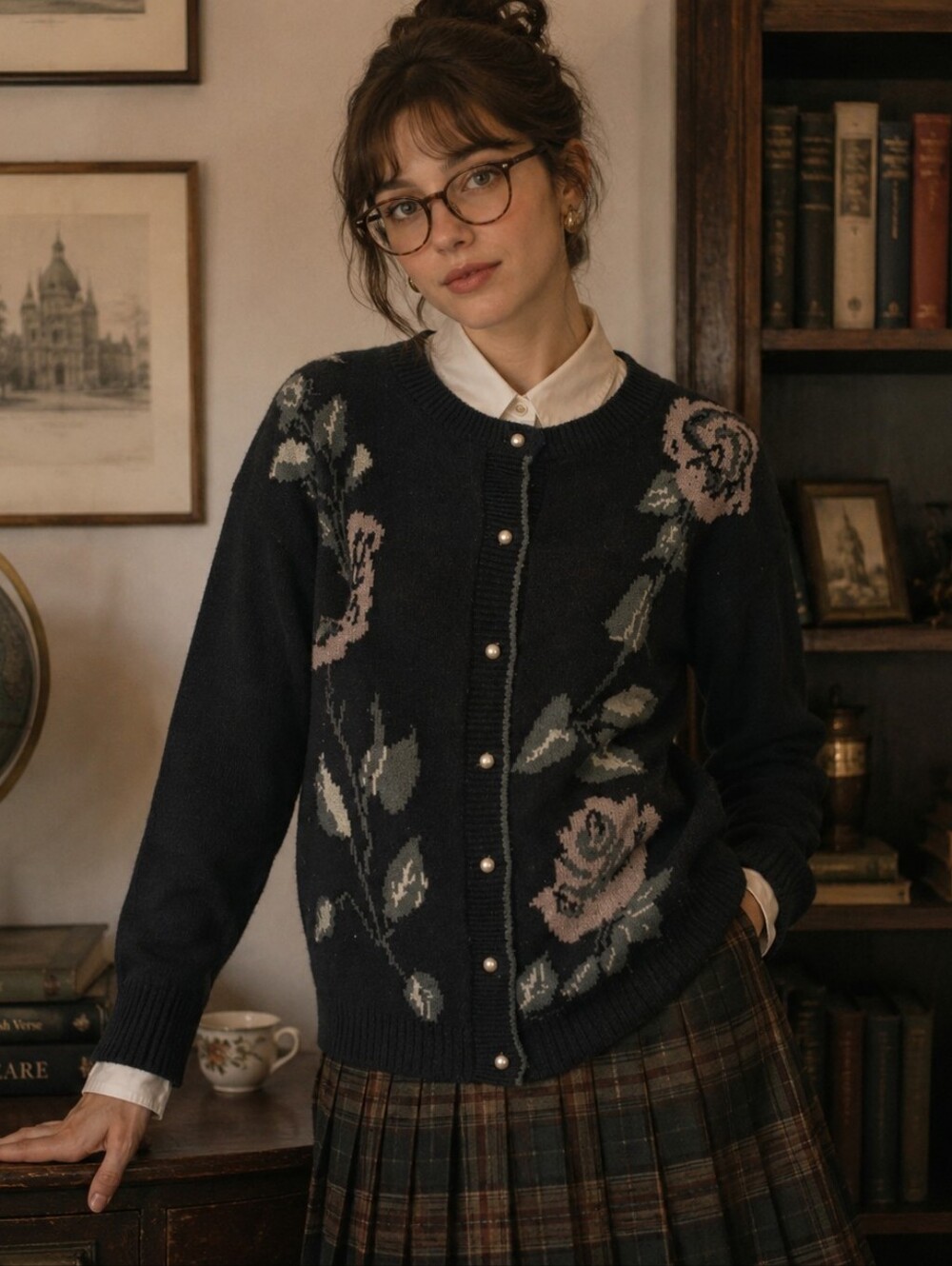 VTG 80s H.E.R. Floral Knit Cardigan Black & Pink Rose Statement Sweater M